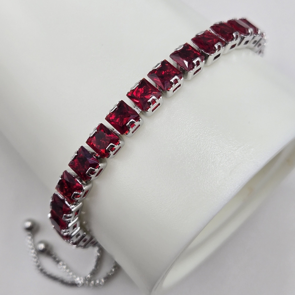 Silver Bracelet with Red Square Stones - Women Jewelry - Picture 3 of 9